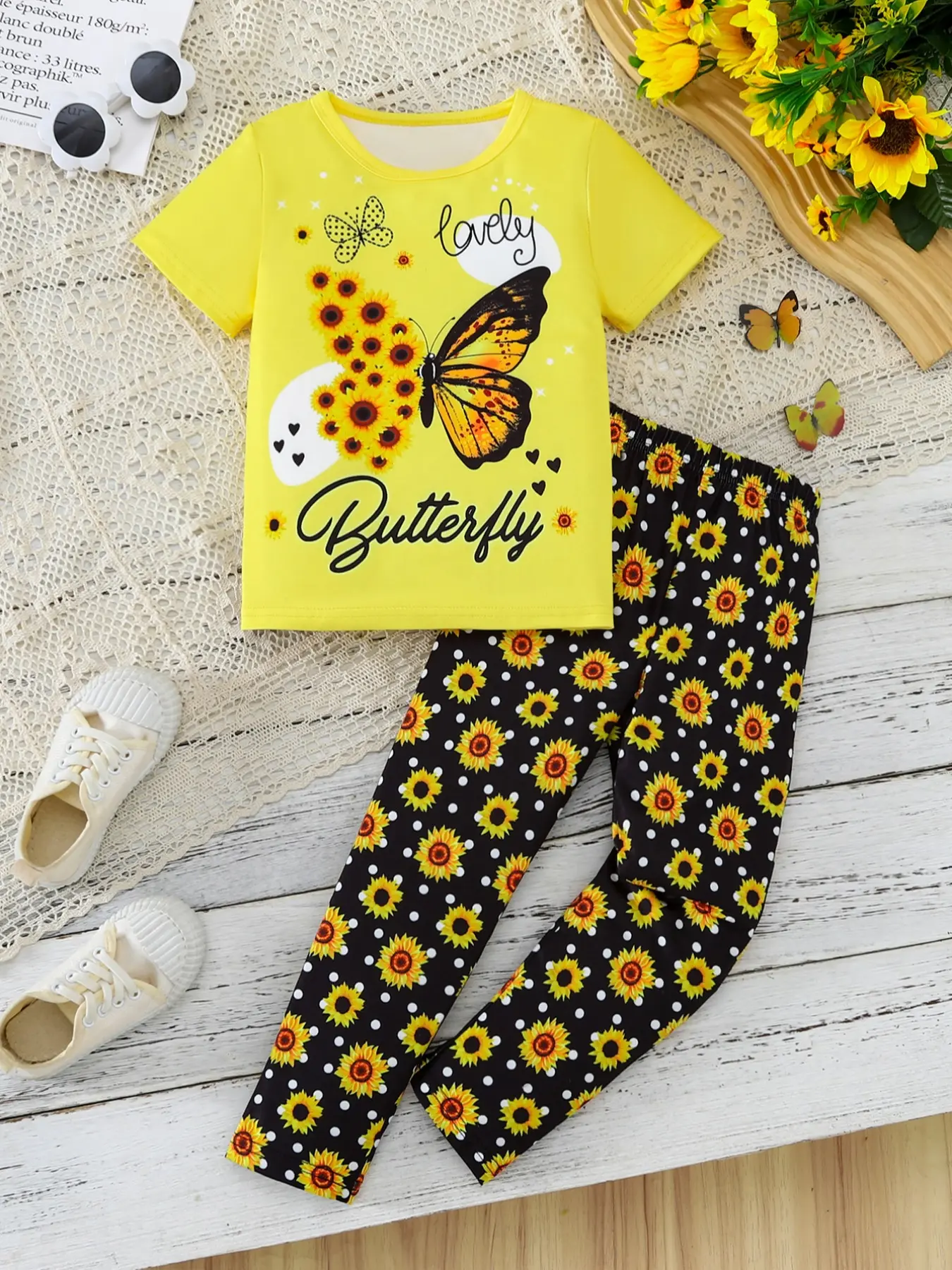 Girls' Clothing Set, 2-Piece Casual Outfit Set Butterfly & Sunflower Print, Polka Dot Floral Pants, Soft Comfortable Fabric, Elastic Waistband, Clothes Kids, Clothes Sets
