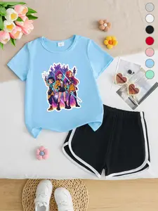 Summer Girls Casual Sports Short Sleeve Shorts Set, Toddler, Anime Character Print, Breathable Sweat-Wicking, Comfortable Fit, Perfect for School & Leisure