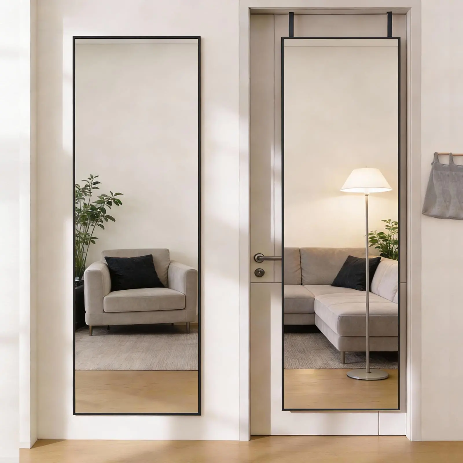 Sweetcrispy 47x14 Full Length Mirror Over The Door, Wall Mounted Full Body Mirror, Door Hanging Metal Aluminum Alloy Frame Dressing Mirror for Bedroom, Living Room, Entryway, Black
