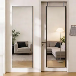 47x14 Full Length Mirror Over The Door, Wall Mounted Full Body Mirror, Door Hanging Metal Aluminum Alloy Frame Dressing Mirror for Bedroom, Living Room, Entryway, Black