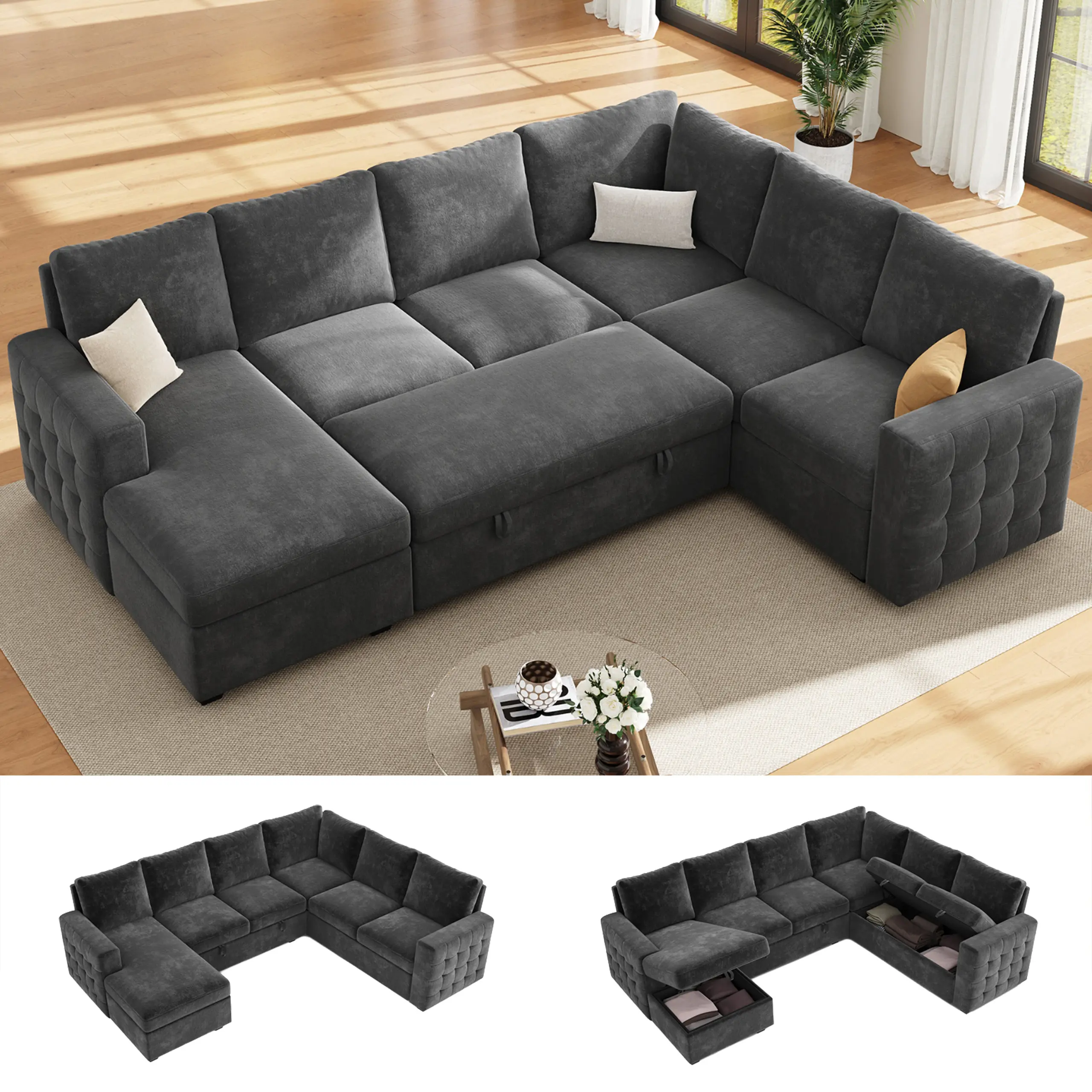 【3-4 Packages】86 Inch Sectional Sleeper Sofa, 5-7 Seat L Shaped Sleeper Sectional Couch with Pull Out Bed, Convertible Sofa Bed with Storage for Living Room, Apartment, Modular Cloud Couches