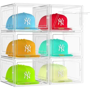 6 Pack Stackable Clear Hat Organizer Box, Baseball Caps Holder Containers with Magnetic Door for Snapback Cap Storage, Hat Rack Display Case, Holds 8 Hats Each (Clear)