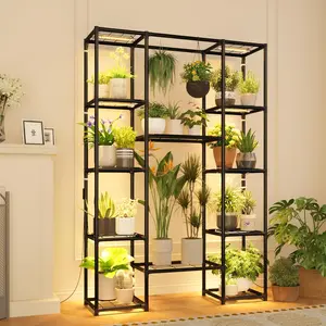 Bamworld Large Metal Plant Stand with Grow Light - Indoor Outdoor Planter Shelf for Multiple Pots, Black Rack for Living Room, Patio