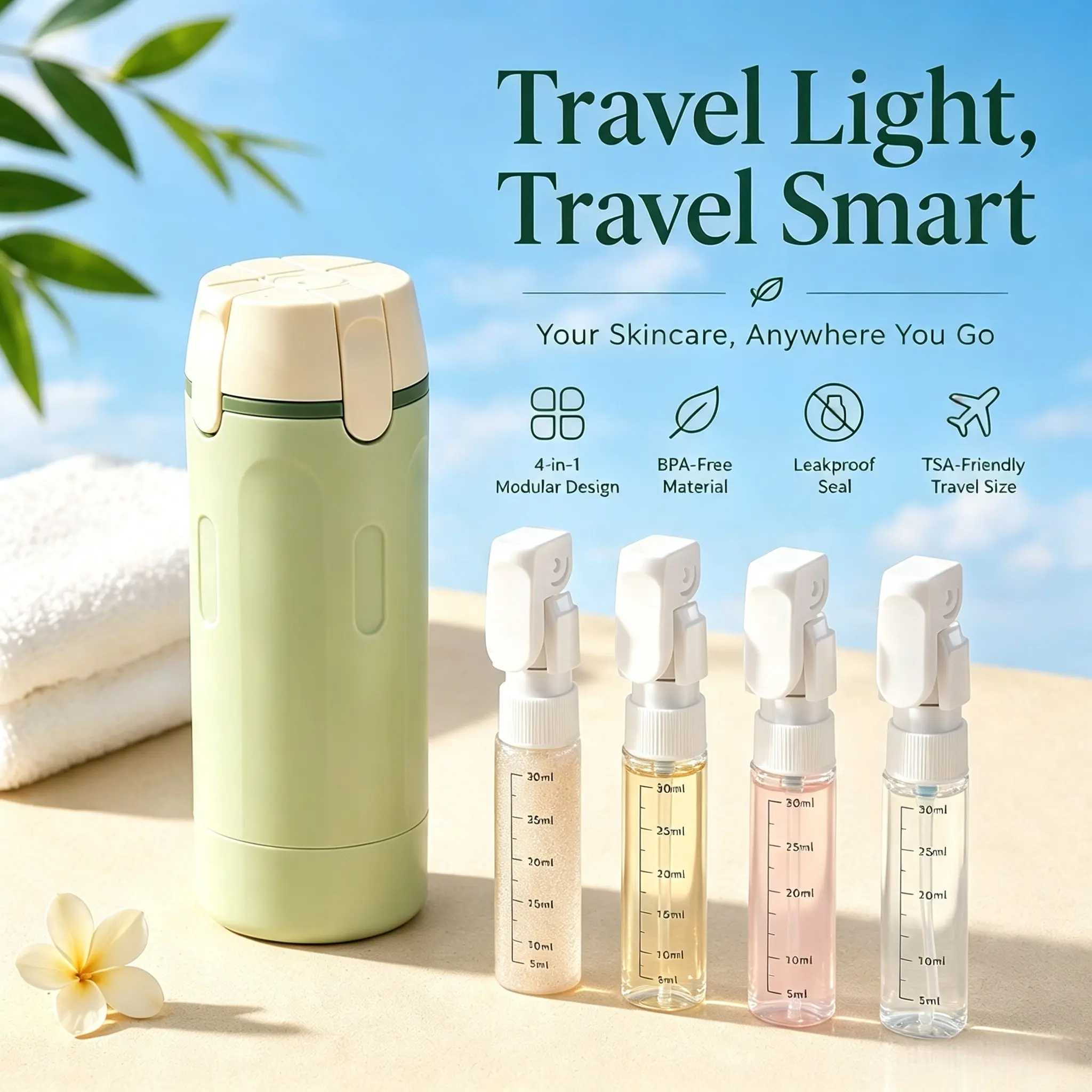 4-in-1 30ml Refillable Travel Dispenser Bottle Set - Leak-Resistant Cosmetics Storage Bottles, Compact Daily Use for Travel, Gym Toiletry Organization