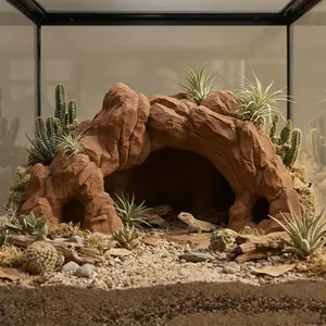 Dual-Scene Universal 3D Printed Desert Cave for Reptiles & Amphibians, Safe Hideaway for Aquatic Fish, Sandstone Texture, Top Plant Design