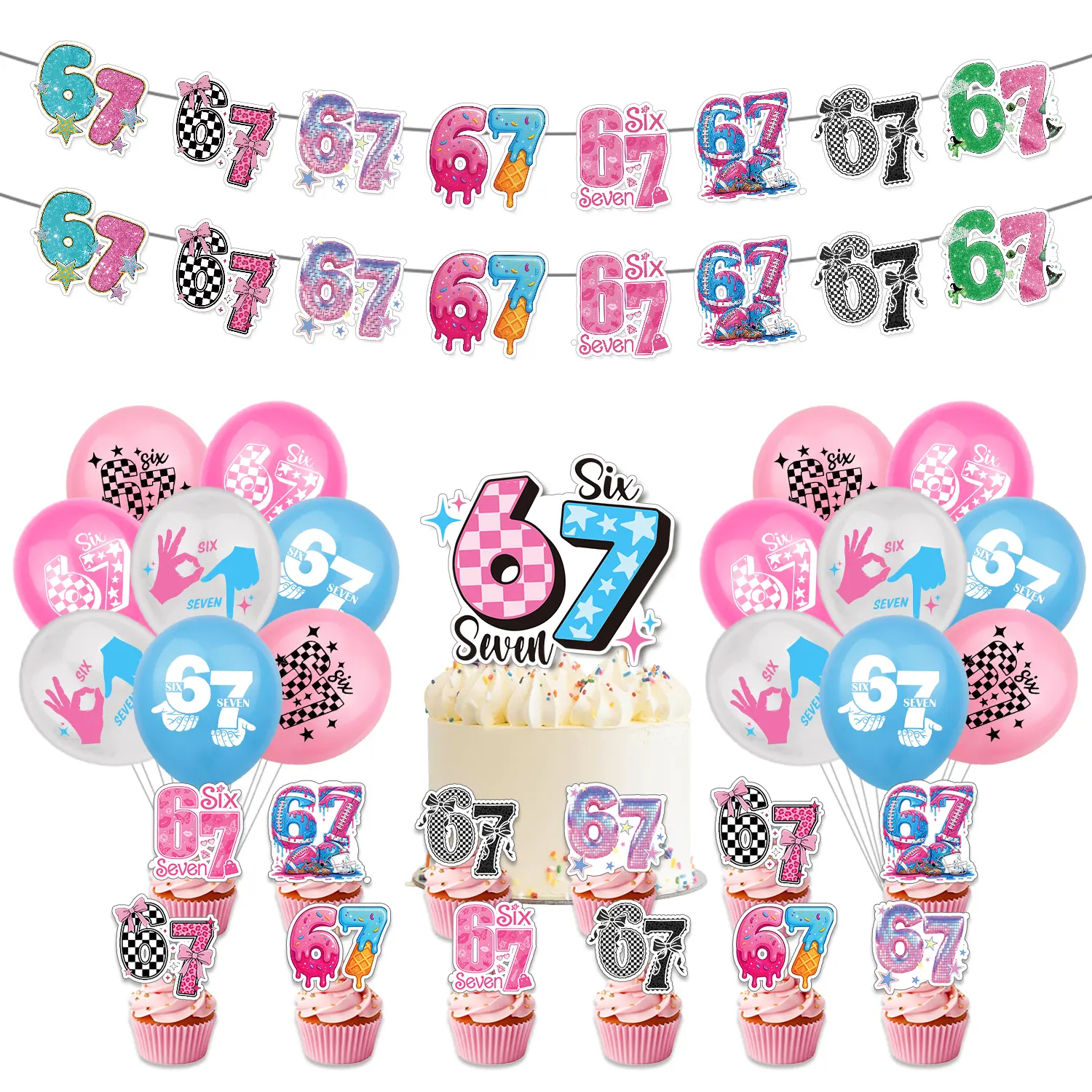 67 Birthday Decorations Set, Six Seven Meme Banner, Cake Topper, 12 Cupcake Toppers, 16 Balloons Party Set Funny Gift Funny Gag Gift