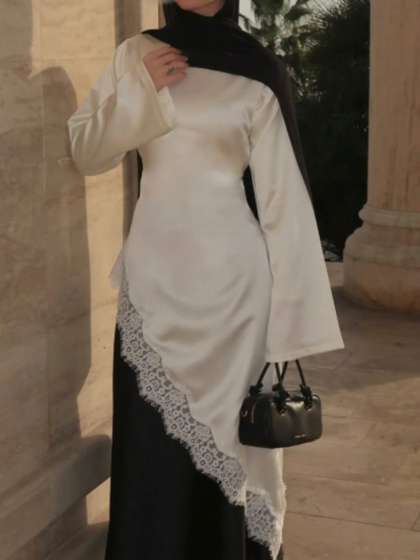 White Lace Trim Asymmetric Long Sleeve Maxi Women Dress Elegant Modest Muslim Abaya Dress Layered Black And White Kaftan Gown Loose Fit Ramadan Eid Evening Party Wedding Guest Dubai Style Vacation Outfit Boho Kaftan Dress