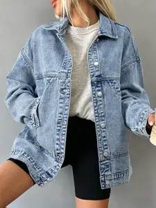 Women's Loose Fit Shoulder Drop Denim Jacket Coats, Outerwear, Light Blue Washed, Pockets, Slimming Silhouette, Daily Commute, Streetwear, Casual, Layering Essential