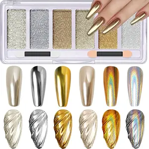 Gold Silver Chrome Nail Powder, 6 Colors Unicorn Iridescent Holographic Rainbow Chrome Powder for Nails, Mirror Metallic Effect Light Gold Champagne Nail Art Chrome Powder Palette Pigment Glitter Dust