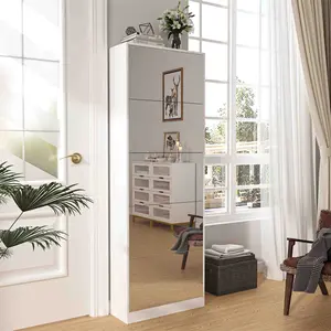 Shoe Storage Cabinet With Full Length Mirror Wooden Freestanding Rack Organizer 5 Tiers Flip Drawers 30 Pair Tall Narrow For Entryway Hallway Bedroom Closet Living Room