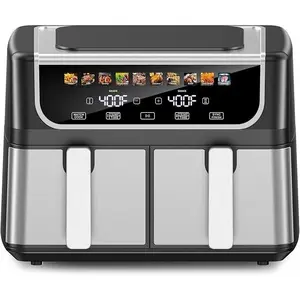 9.5L Large Capacity Double Basket Air Fryer with Independent Dual Zone Temperature Control, 10 One-Touch Preset Cooking Modes, Sync Finish and Match Cook Functions, Stainless Steel Non-Stick Baskets