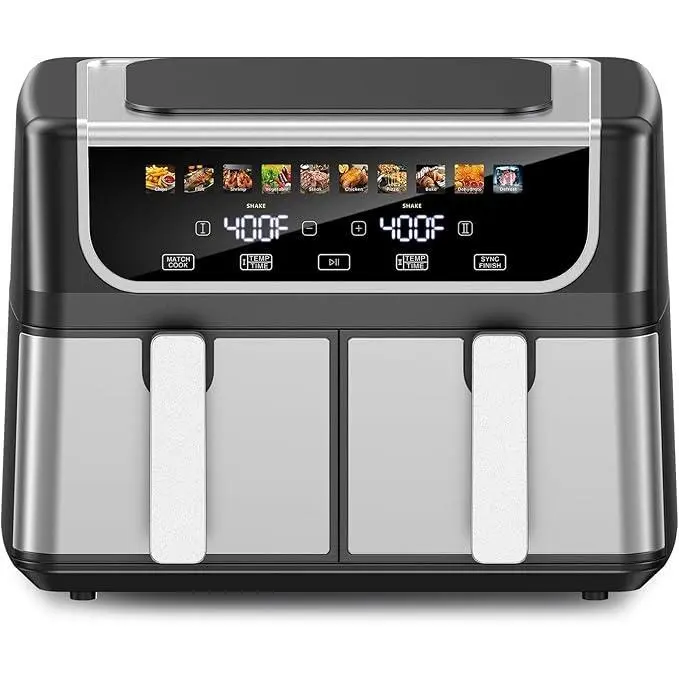 9.5L Large Capacity Double Basket Air Fryer with Independent Dual Zone Temperature Control, 10 One-Touch Preset Cooking Modes, Sync Finish and Match Cook Functions, Stainless Steel Non-Stick Baskets