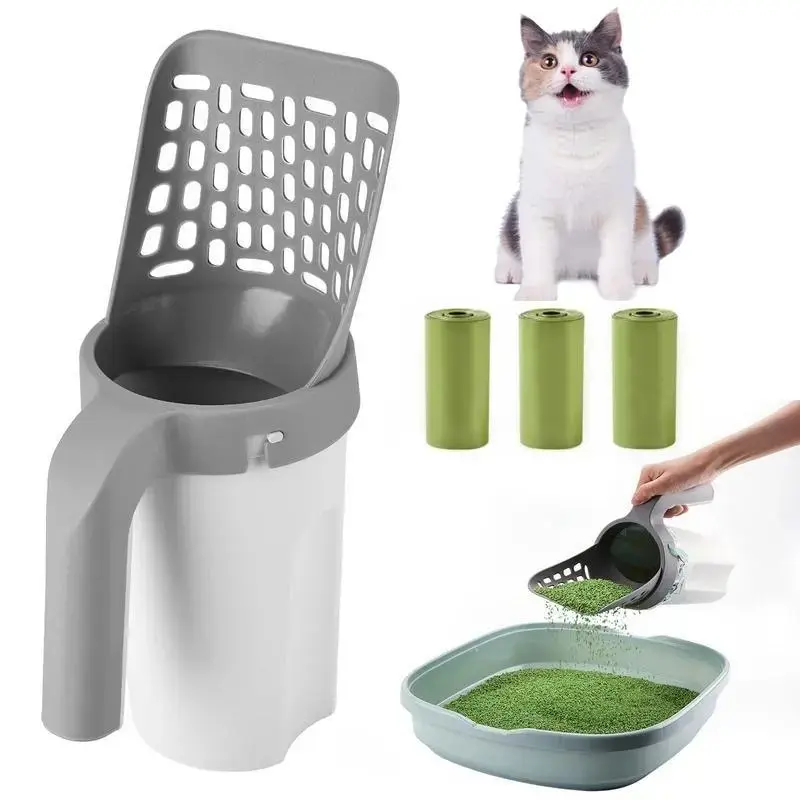 Cat Litter Scooper with Holder, Cat Litter Shovel with Refill 45 Bags(3 Boxes of 15 Bags), Large Capacity Cat Scooper Portable Shovel