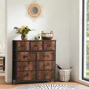 Modern 9-Drawer Dresser with Metal Frame & Wooden Top – Sleek Minimalist Storage Chest for Bedroom, Living Room | Clean Design in Rust Brown