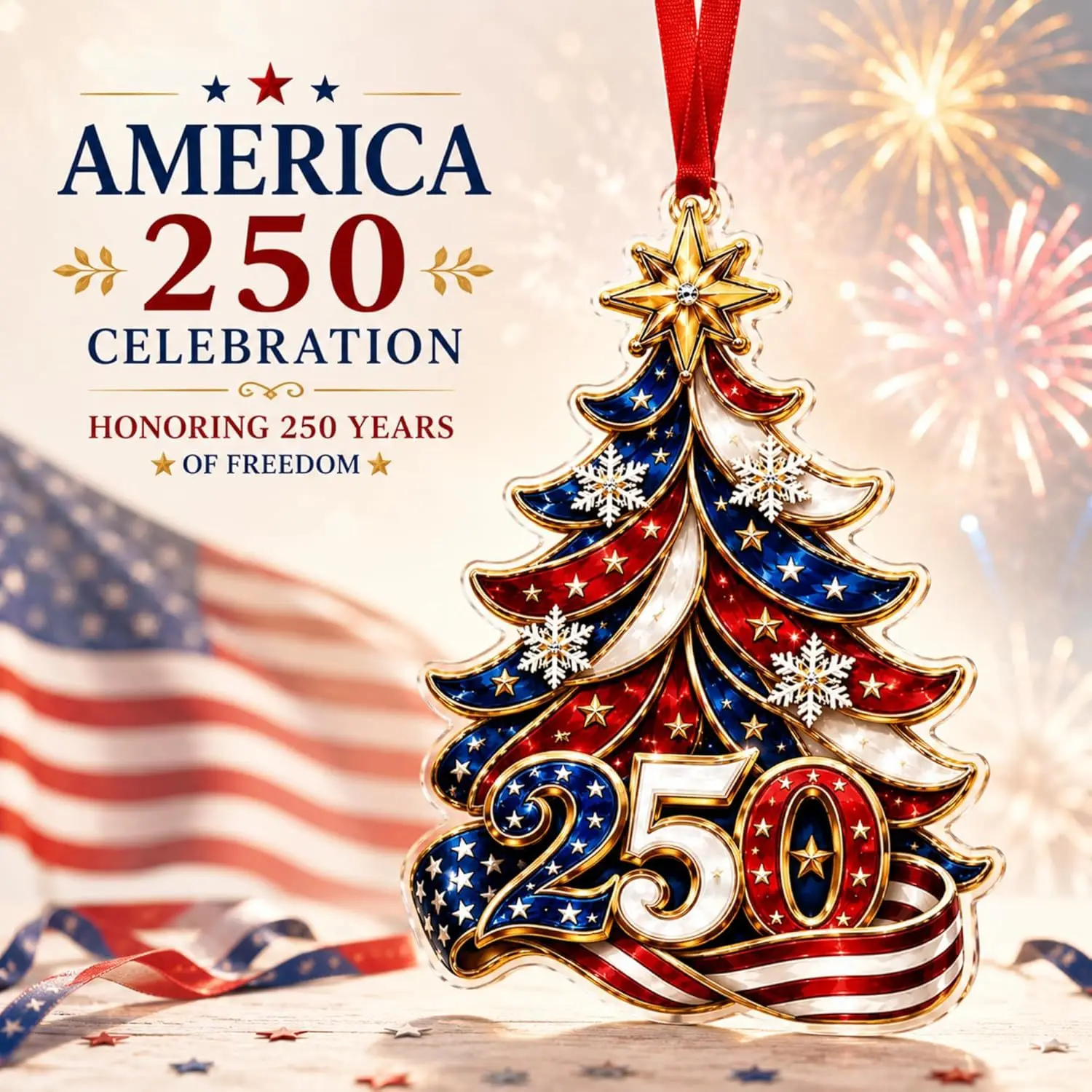 Colorful USA Patriotic Acrylic Christmas Tree Ornament - 250 Celebration Commemorative Hanging Gift Set with Card Envelope, Red Ribbon, Holiday Party Decor, Keepsake