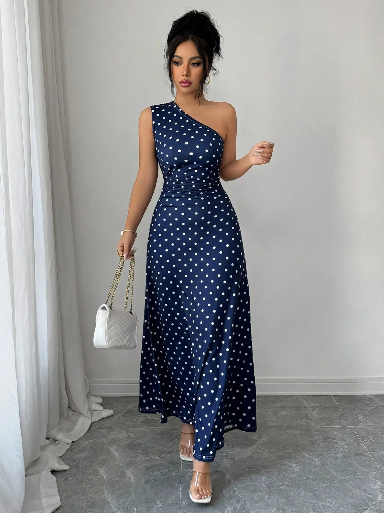 Women's Elegant Ruched Polka Dot Print Asymmetric One Shoulder Sleeveless Long Cocktail Maxi Dress, Stylish, Chic and Comfortable, Perfect for Casual, Party and Formal Wear, Elegant Evening Wear Womenswear, Elegant Fashion Dress