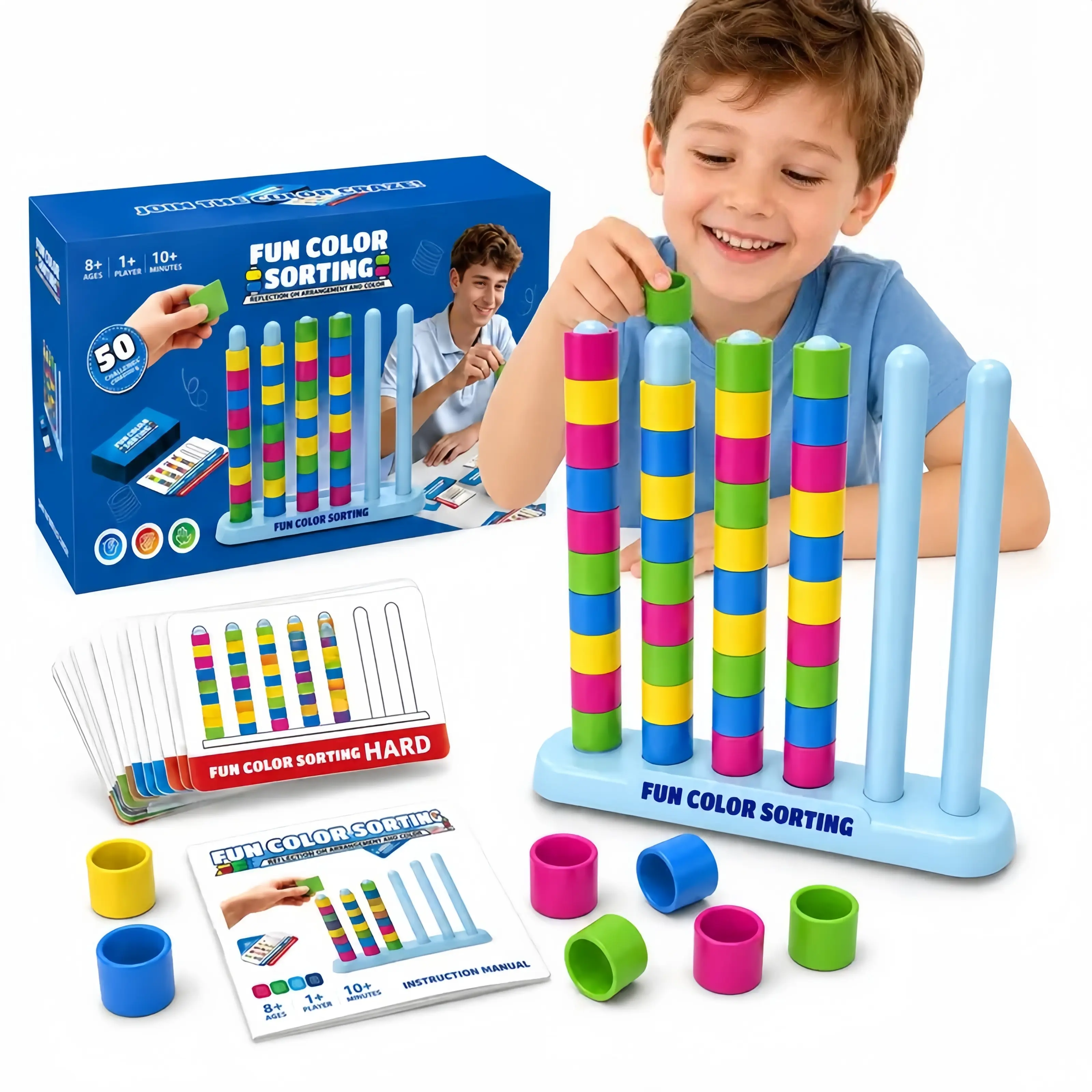 Color Stack Matching Puzzle Game Set with Rings - Fast-Paced Kids' Educational Game to Boost Concentration, Pattern Recognition