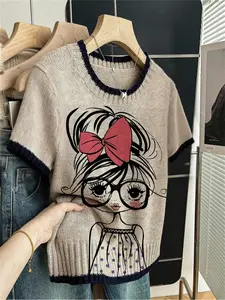 Cartoon Portrait Print Round Neck Sweater, Fitted Casual Short Sleeve Knitwear for Spring Summer Fall, Comfortable Warm Lady Women's Clothing, Womenswear, Knitted Top