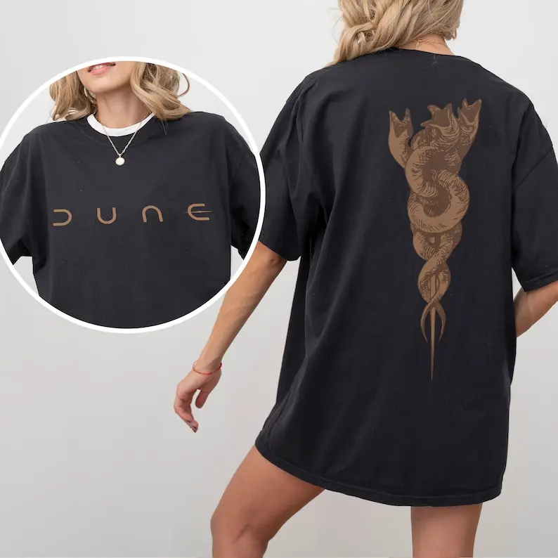 Dune Sandworm Graphic T-Shirt, Front Back Logo Poster Art Tee Shirt, Timothee Chalamet Zendaya Paul Atreides, Dune Movie Merch Memorabilia Breathable Casual