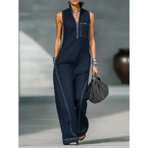 VVZ Women’s Sleeveless Linen Blend Jumpsuit, Zip Front Loose Fit Wide Leg Romper, Casual Minimal Work Vacation Outfit