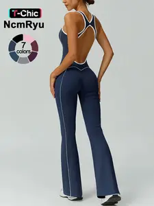 Women's color blocked backless jumpsuit, Sporty jumpsuit, with cinched waist, sleeveless U-neck wide leg suitable for gym training outdoor running dancing tennis