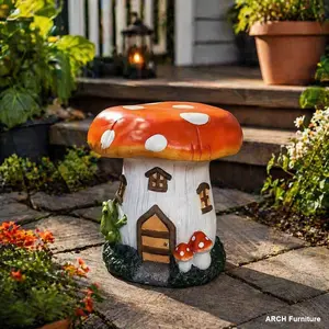 Oversized 13.4" Resin Mushroom House Garden Stool with Fairy Forest Base, Whimsical Home Decor, Porch Decor for Backyard & Front Porch, Outdoor Decorative Sculpture for Home Improvement & Garden Supplies