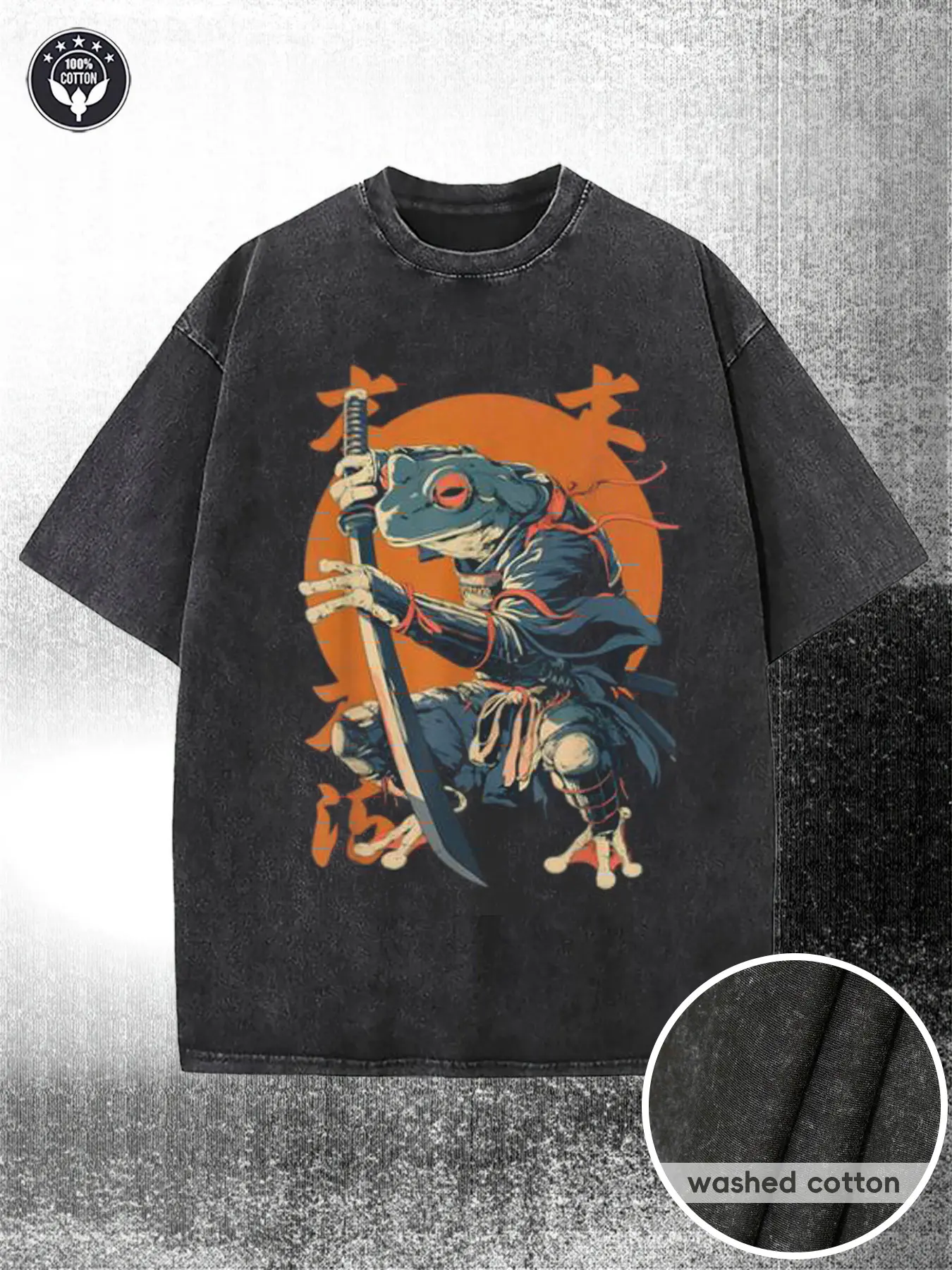 Men's Short-Sleeve T-Shirt - Vintage Distressed Samurai Frog Graphic, 230G Heavyweight Washed Cotton, Alternative Streetwear, Sportswear, Alternative Streetwear Men's Short-Sleeve T-Shirts, Round Neck, Sport Street