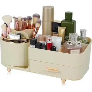 Makeup Organizer Countertop with Drawer 360 Rotating Brush Holder Storage Large Capacity Skincare  Display Cases for Vanity Bathroom Desktop, Model 3016 Cream