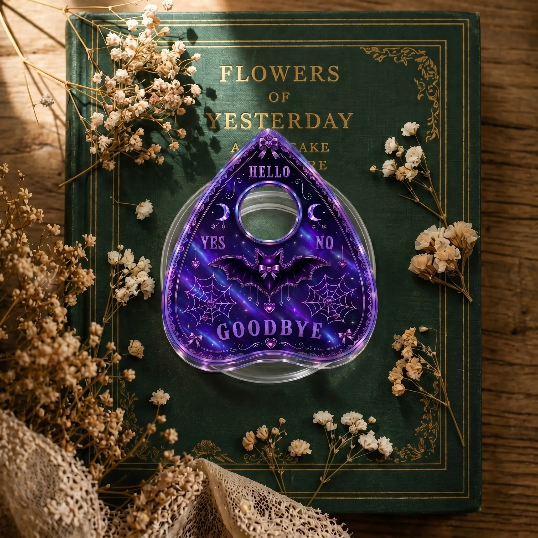 Witchy Planchette Phone Grip, Purple Bat Spirit Board Phone Stand, Gothic Spiderweb Acrylic Holder for Ereader Tablet, Celestial Spooky Accessory