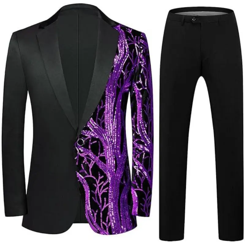 Men's Slim Fit 2-Piece Cotton Blend Sequin Patchwork Tuxedo - Single Buckle Formal Menswear, No Slit, All Seasons, Machine Washable, 5XL Size (Ideal for Parties), Sequins