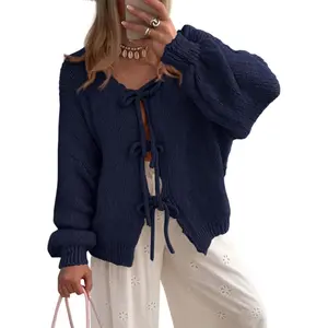 Women's Tie Front Bow Cardigan Sweaters Chunky Knit Long Puff Sleeve Trendy Fall Winter Jacket CoatsGift