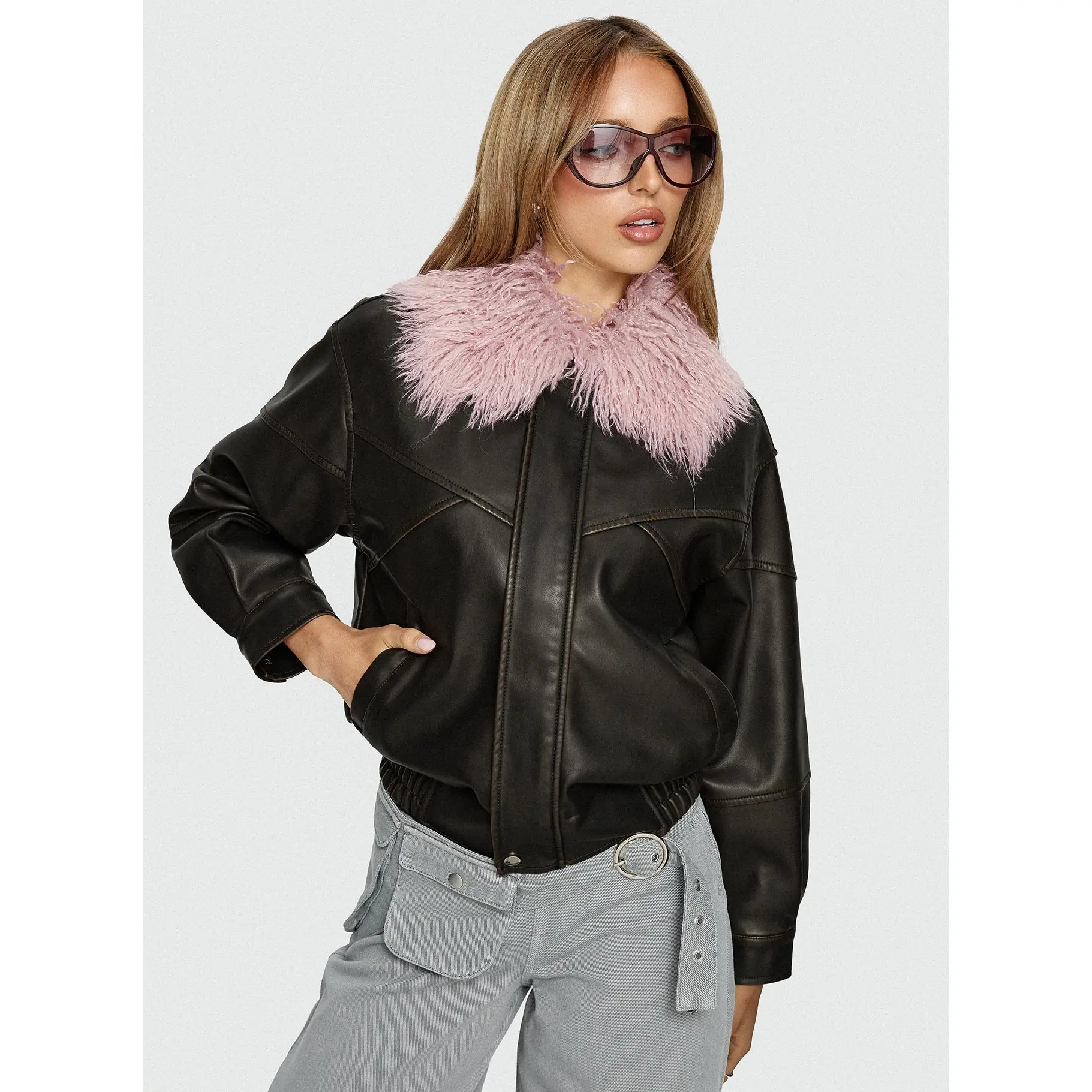 Brittanni Fluffy Collar Jacket Brown / Pink