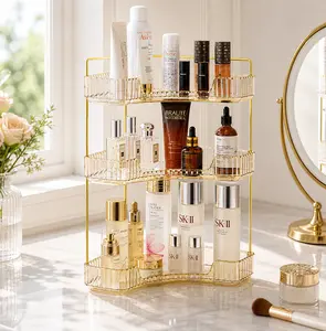Large Capacity Transparent Bathroom Counter Organizer Boxes - Gold Pole Makeup Corner Stand with Perfume Tray, Cosmetic Skincare Shelf for Bedroom Dresser, Kitchen Home Storage