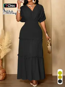 Aliling Elegant Women Dress Waist Shirred Knit Long Dresses V Neck Short Sleeve Slim Fitted Solid Female Bodycon Casual Daily Wear Clothing