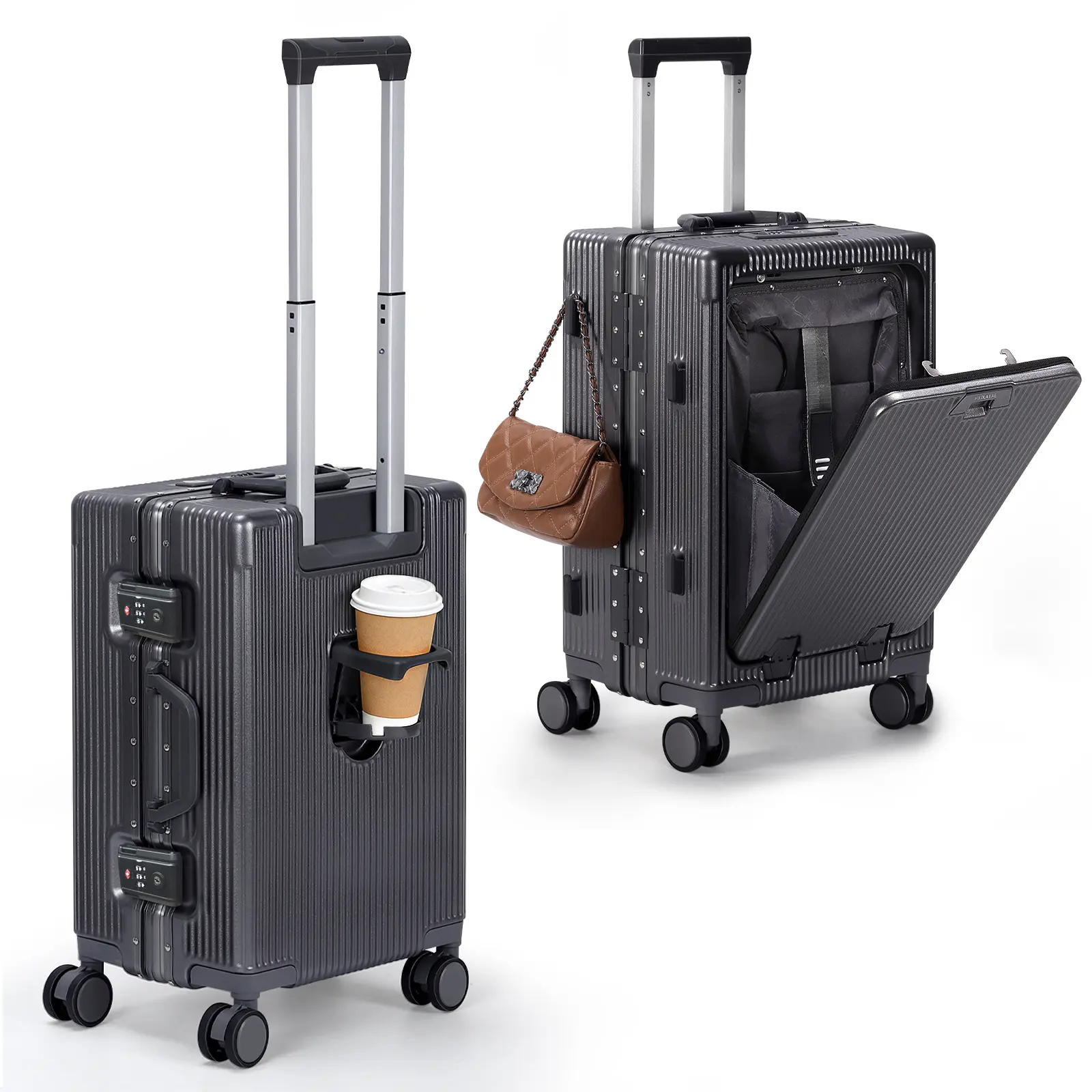20-Inch Charcoal Gray Front-Opening Polycarbonate PC Hard Shell Spinner Wheeled Carry-On Luggage - Business-Ready Advanced Protection Bag with Cup Holder, Built-In USB Charger, TSA Lock, Laptop Pocket, Handbag Hook, Wheeled Luggage