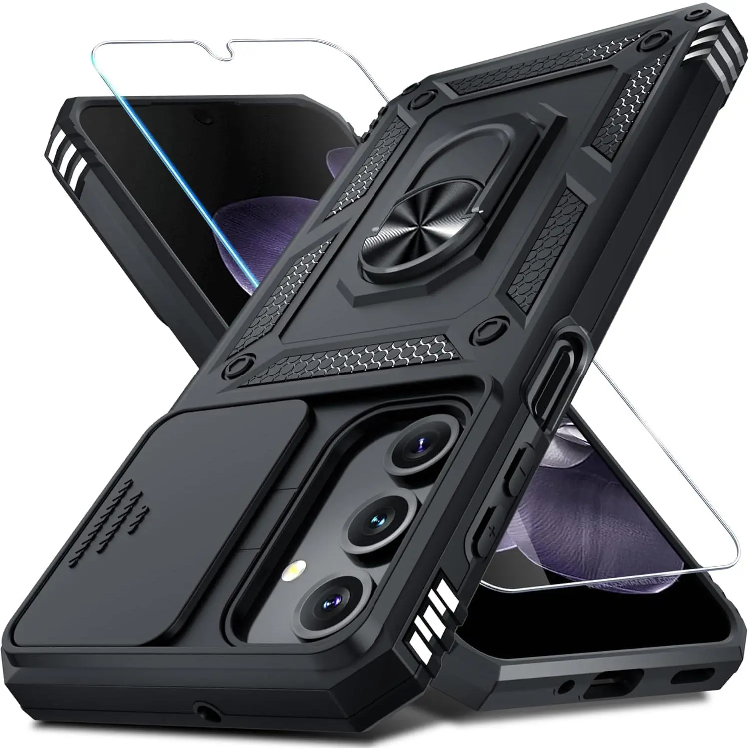 X-PCS33  Compatible with Samsung Galaxy A16 5G/4G Case Built in Slide Camera Lens Cover+Screen Protector+Finger Ring Holder Kickstand,Heavy Duty Shockproof Full Body Phone Cover,2025 Black