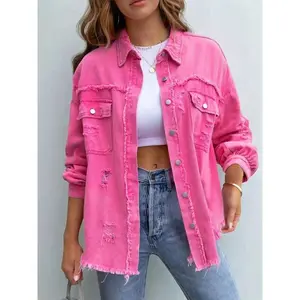 Women's Plain Button Front Ripped Drop Shoulder Coat, Casual Long Sleeve Shirt Collar Outerwear For Spring & Fall, Women's Clothes For Daily Wear, Denim Jacket, Tops（gift）