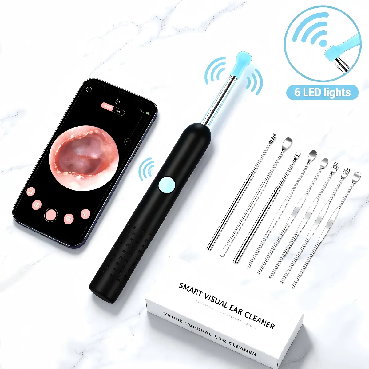 Visual Otoscope for Ear Wax Removal, Bluetooth Cleaning Kit with Wide-Angle Camera, 6 Silicone Heads & Stainless Steel Tool Set