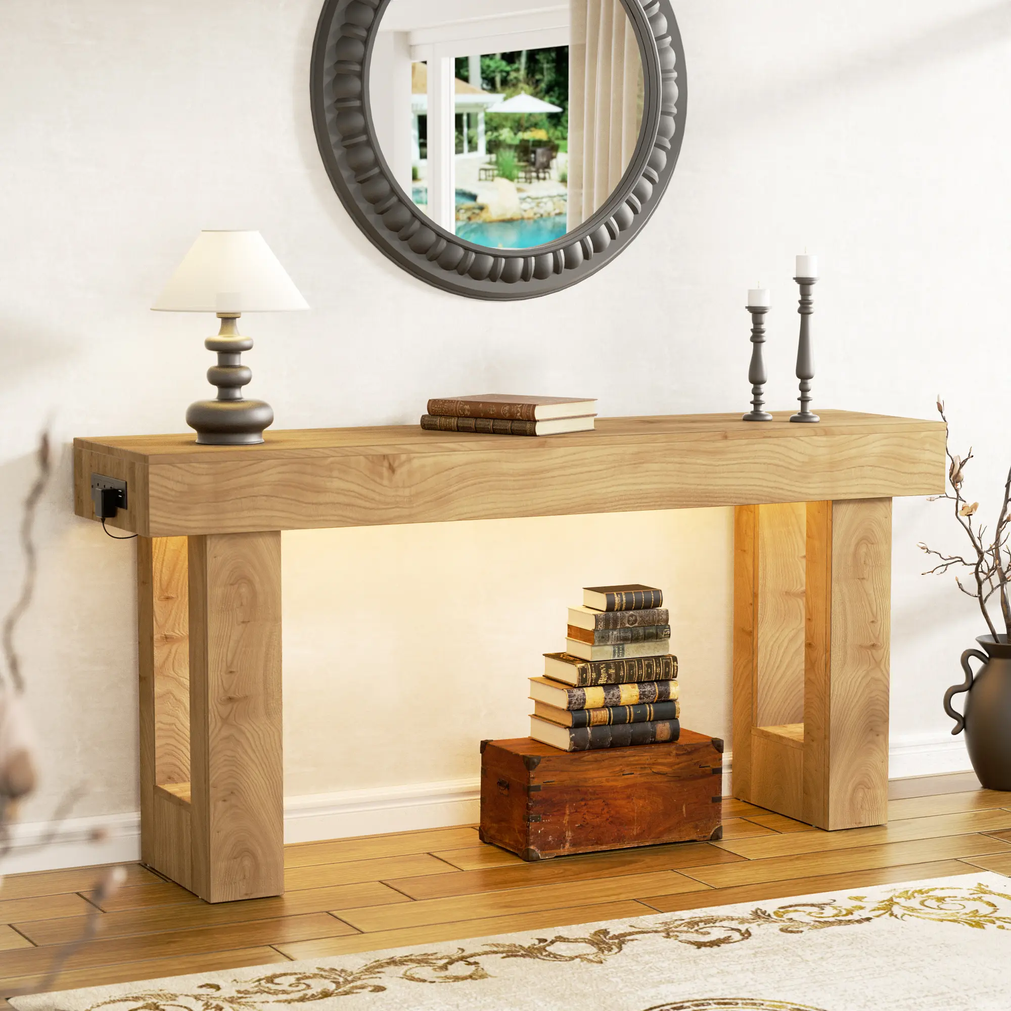 63'' Farmhouse Console Table with Power Outlets and Motion Sensor Light, Wooden Entryway Table Sofa Table for Entrance, Hallway, Living Room,dorm essentials,home decor
