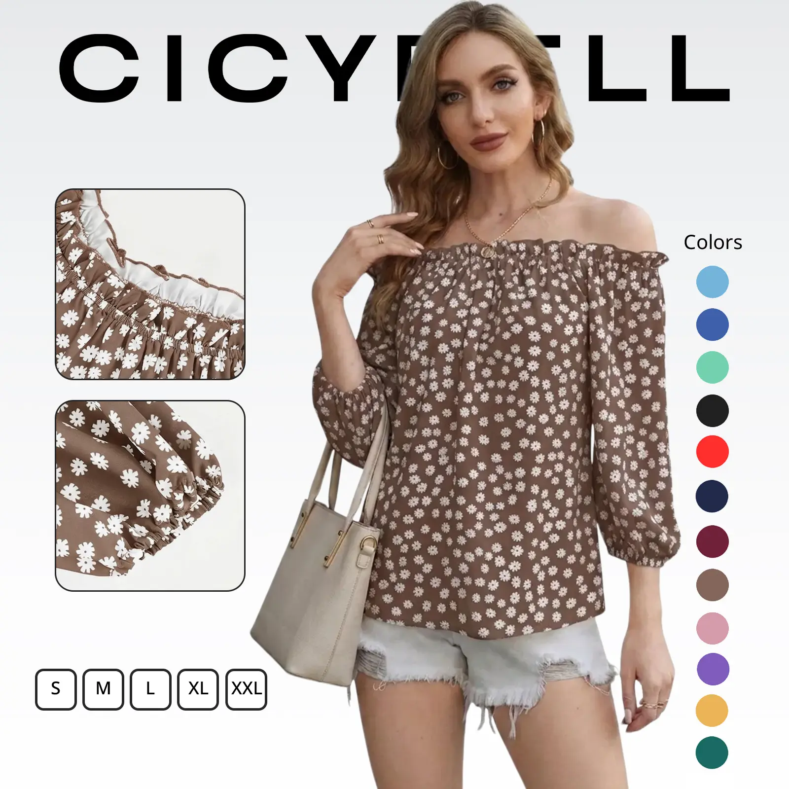 Cicy Bell Womens Summer Off Shoulder Blouse Floral Print 3/4 Sleeve Casual Chiffon Tops Shirts Lightweight Smooth Fabric Elegant Daily Party Office Outfits - Womenswear