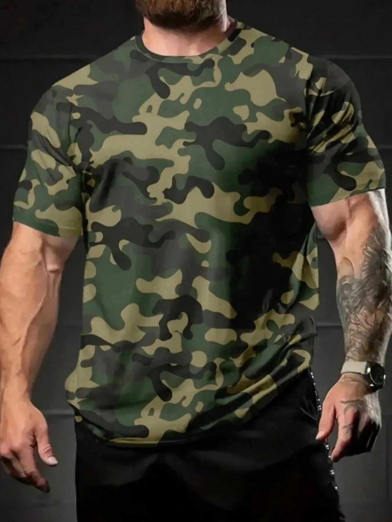 Men's Camo Short Sleeve T-Shirt, Military Graphic Print, Slim Fit Muscle Show, Breathable Quick Dry, Sporty Casual Dual Use, Sportswear, Casual Sports Tops