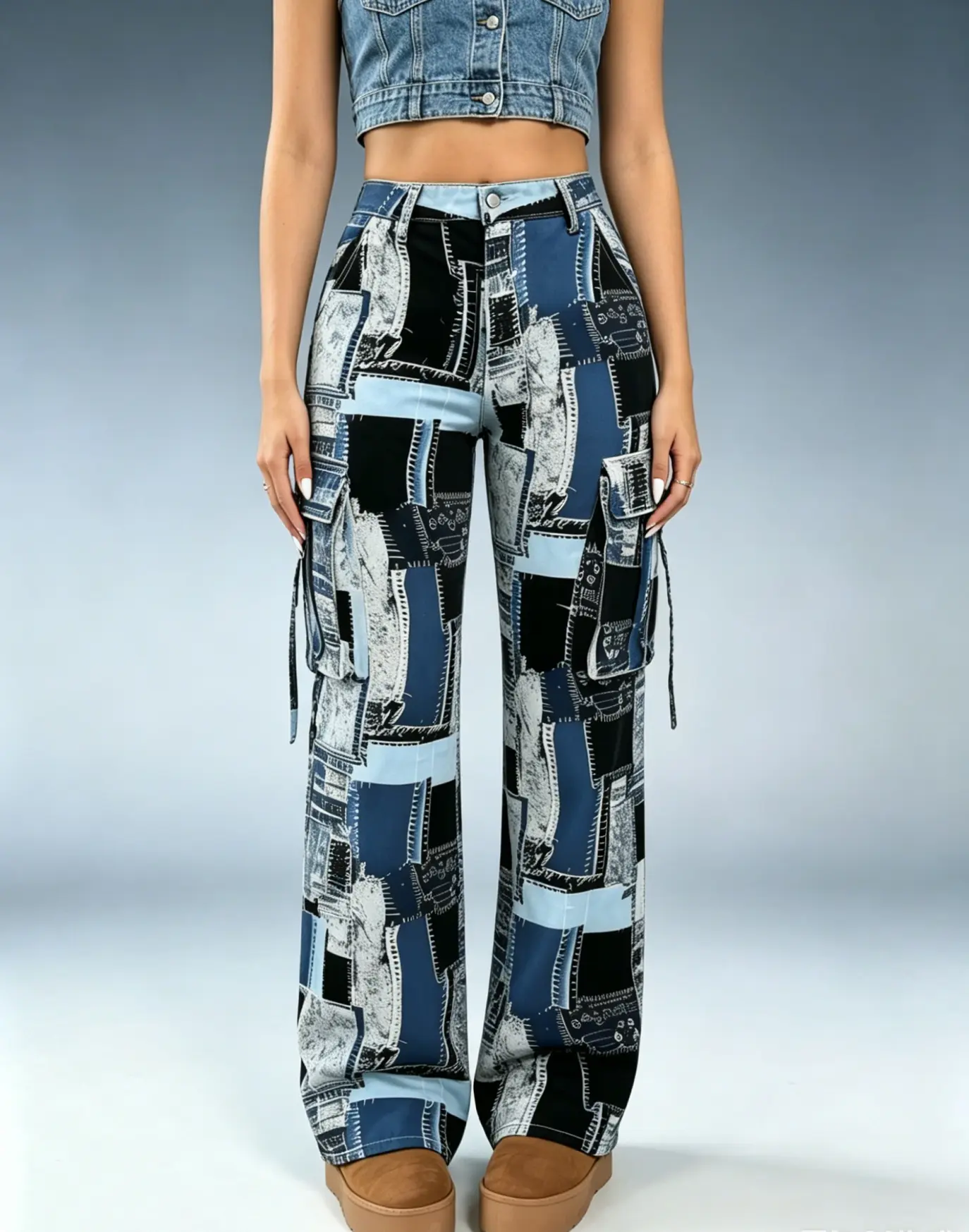 Women's High-Waist Patchwork Print Cargo Wide-Leg Jeans - Multi-Pocket Baggy Denim Bottoms, Casual, Everyday, Y2K Grunge Streetwear Womenswear