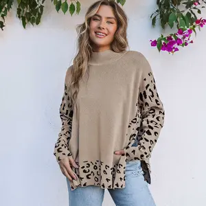 Khaki Leopard High Neck Side Slit Oversized Sweater