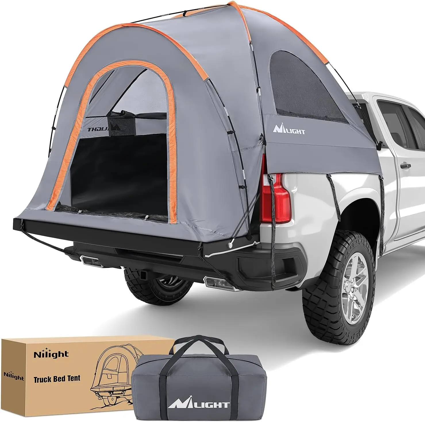 Nilight Truck Bed Camping Tent - 5.2-5.8 FT, 2-Person, Waterproof PU2000mm Double Layer with Rainfly, Portable, Quick Install, Ventilation, Orange Grey; Nilight Drone 600 Plate Carbon Rim, Glamping Tunnel Camping Tent