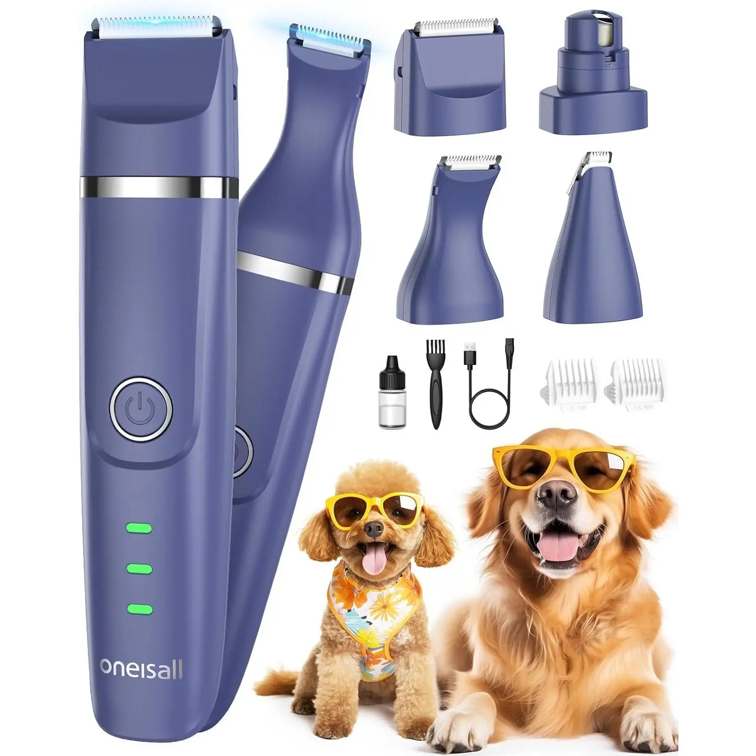 oneisall 4-in-1 Cordless Dog Grooming Kit with 2-Speed Clippers, Low Noise Paw Trimmer & Rechargeable Quiet Nail Grinder for Dogs and Cats (Blue)