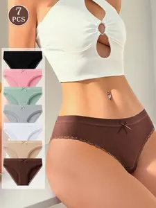 HOTCOM Cotton Underwear for WomenBreathable Lace Bikini Panties Women's HipsterUnderpants XS-XL 7 Pack Style Elegance