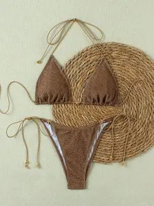 Sexy Casual Brown Starfish Decor Women's Ruched Backless Bikini Set Swimsuit Set