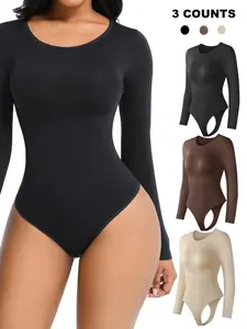 Women's Solid Round Neck Long Sleeve Shapewear Bodysuit, Body Sculpting Compression, Casual Comfy Tummy Control Bodysuit for Daily Wear, Women's Shapewear for All Seasons