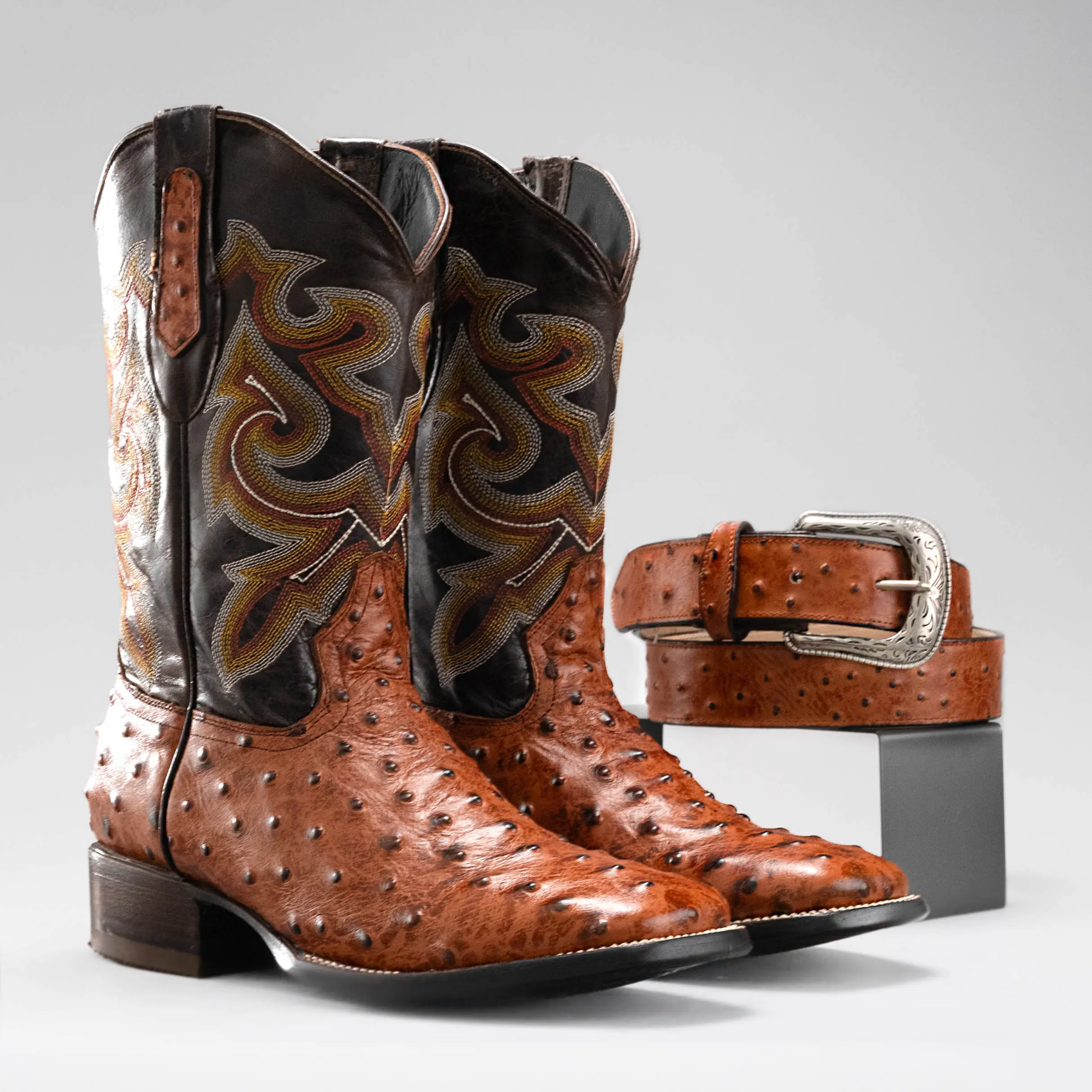 Cowboy Square Toe Imitation Ostrich Boot Premium Leather Men Classic Boot Buttercup Ostrich Print Leather Made in Mexico Footwear