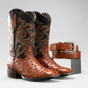 Cowboy Square Toe Imitation Ostrich Boot Premium Leather Men Classic Boot Buttercup Ostrich Print Leather Made in Mexico Footwear
